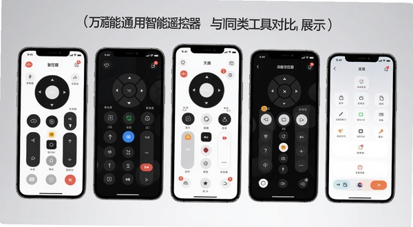 万能通用智能遥控器与同类工具对比展示图,多个手机屏幕并排显示不同遥控器应用界面,背景为浅灰渐变,突出功能差异和选择参考
