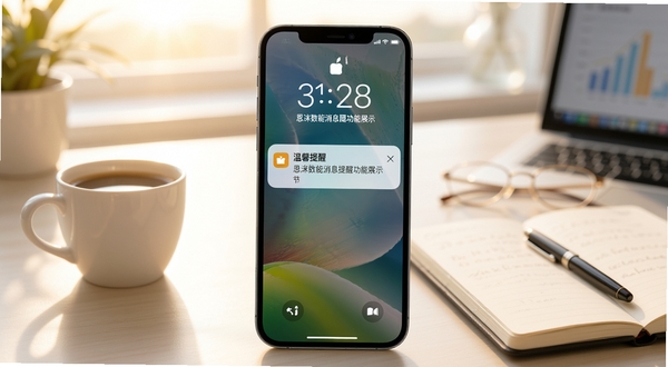 恩泽数智消息提醒功能展示 手机锁屏界面弹出温馨提醒通知 背景为清晨办公桌 咖啡杯与笔记本 清新明亮风格