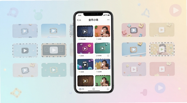 金币小片场模板选择界面展示,画面中央是手机屏幕,屏幕上排列着多个彩色视频模板缩略图,背景是柔和的浅色渐变,整体风格清新明快,突出模板丰富多样