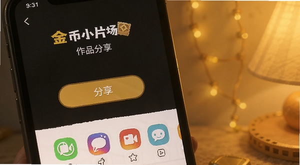 金币小片场作品分享界面,手机屏幕显示分享按钮和多个社交平台图标,背景是温馨的暖色调,画面简洁,突出分享的便捷性