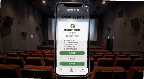 中国电影资料馆应用内活动预约与电子票券界面,手机屏幕显示讲座报名成功页面,背景为中国电影资料馆放映厅内景,座椅整齐,银幕微光,适配Boogu模型生成