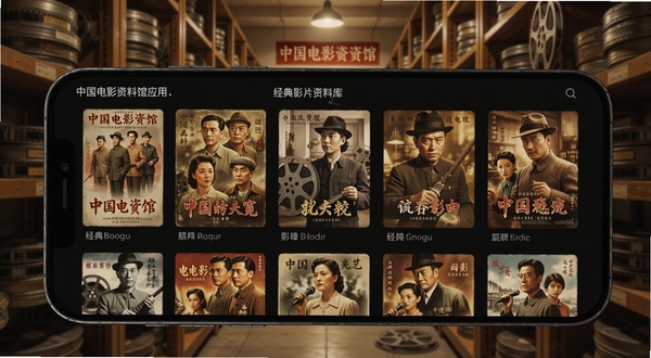 中国电影资料馆应用内的经典影片资料库界面,手机屏幕显示多部老电影海报网格,背景为中国电影资料馆胶片库房场景,柔和暖光,画面细节丰富,适配Boogu模型生成