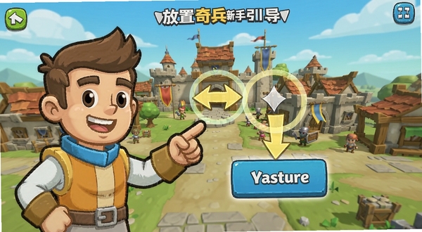 放置奇兵新手引导界面示意图,画面展示一位卡通向导正在指点玩家点击屏幕上的任务按钮,背景是游戏主城场景,有箭头和光圈提示,风格简洁明了,突出放置奇兵的新手教学环节