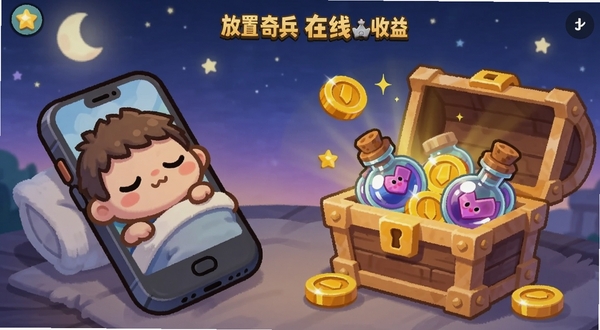 放置奇兵离线收益界面截图风格插画,画面左侧是一个正在睡觉的卡通手机,右侧是宝箱不断冒出金币和经验药水,背景是柔和的夜晚星空,画面温馨可爱,突出放置奇兵的挂机特色