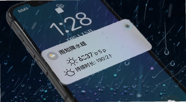 雨知降水天气智能降雨提醒功能界面展示,画面主体为手机锁屏界面弹出降雨提醒通知卡片,背景区域为深色渐变与雨滴粒子效果,通知卡片上显示降雨开始时间与持续时长信息,整体风格科技感与实用性并重
