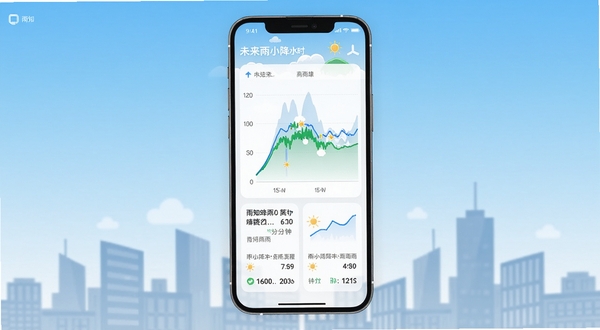 雨知降水天气应用主界面全貌展示,画面中央为手机屏幕内呈现未来两小时降水趋势折线图与分钟级降雨提醒卡片,背景区域为淡蓝色渐变天空与城市楼宇剪影,整体风格清新简约,适配Boogu模型生成