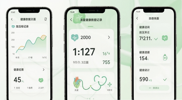 ���Ľ������ݼ�¼���棬�ֻ���Ļ��ʾ����ͼ�����ݿ�Ƭ������Ϊ��ɫ��ǳ��ɫ���䣬��������ͻ��Ѫѹ��¼ģ�飬���������½���