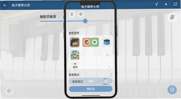 电子钢琴大师设置界面截图,画面展示手机屏幕上的软件设置菜单,包含触控灵敏度滑块、音色选择列表、录音格式选项,界面风格简洁扁平化,背景为浅灰色,突出操作便捷性,软件名称电子钢琴大师显示在顶部标题栏