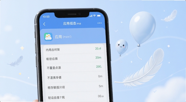 刚刚应用轻量运行的示意图,手机屏幕显示应用内存占用极低的系统设置页面,旁边有羽毛或气球等轻盈元素点缀,背景为淡蓝色,突出轻量不占资源的特性