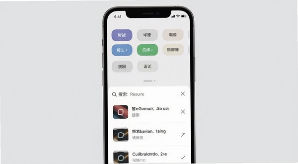 刚刚应用的智能分类与搜索界面,手机屏幕上半部分显示分类标签,下半部分显示搜索结果列表,背景为浅灰色,界面风格现代简约