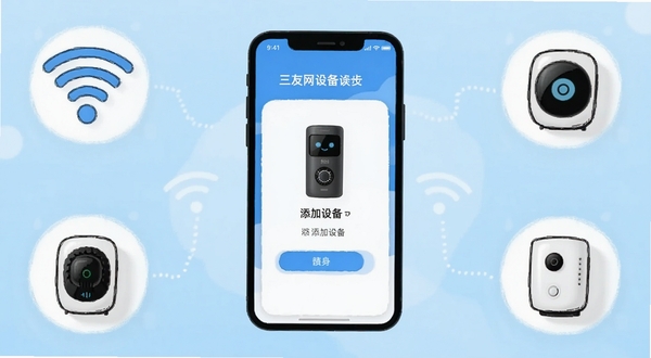 三友智能App配网引导页面截图风格插画,画面中央是手机显示添加设备步骤,周围有Wi-Fi信号图标和智能设备小图标,背景为浅蓝色渐变,风格清新易懂