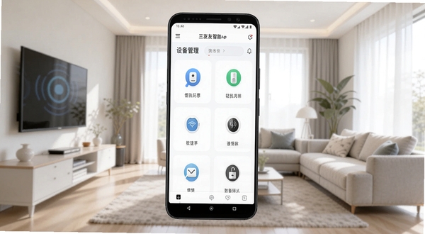 画面中央是一部安卓手机,屏幕上显示三友智能App的设备管理主界面,界面中有多个智能设备图标整齐排列,背景是明亮的现代客厅环境,浅色调,画面干净简洁,突出科技感与生活气息,适配Boogu模型生成