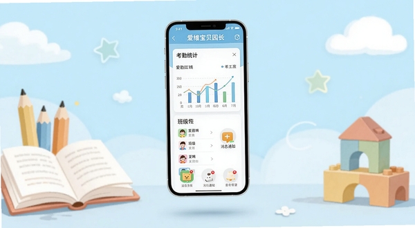 一款名为爱维宝贝园长的手机应用界面展示图,画面中央是手机屏幕悬浮在浅蓝色背景上方,屏幕内显示幼儿园管理仪表盘,包含考勤统计图表、班级列表和消息通知图标,背景区域为柔和的教育主题插画,有书本、铅笔和积木元素,整体风格清新明亮,适合幼教管理场景