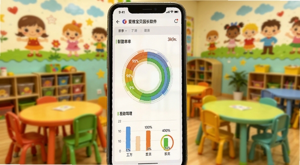 爱维宝贝园长软件中的数据驾驶舱界面特写,手机屏幕显示彩色环形图和柱状图,标注出勤率98%等数据,背景是虚化的幼儿园教室场景,有彩色桌椅和卡通墙贴,画面色调温暖,突出数字化管理的便捷感