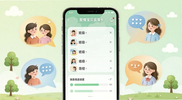 展示爱维宝贝园长软件中家园共育监督页面的示意图,手机屏幕显示班级列表和消息阅读进度条,周围有抽象化的家长与老师对话气泡图标,背景为淡绿色渐变,点缀着小树和云朵图案,传递和谐沟通的氛围