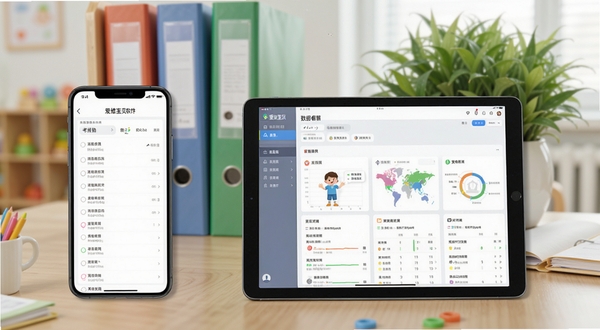爱维宝贝园长软件在手机和平板上的使用场景对比图,左侧手机竖屏显示考勤列表,右侧平板横屏显示数据看板,背景是幼儿园办公室桌面,有文件夹和绿植,画面清晰展示多设备适配效果