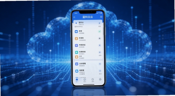 蓝科云软件主界面全貌展示,画面中心为手机屏幕显示蓝科云文件管理列表,背景为科技感十足的蓝色云端数据流,整体风格简洁清新,适配Boogu模型生成