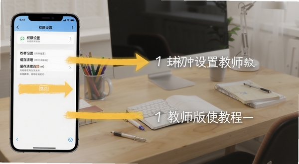 维词初中教师版使用教程示意图,手机界面显示权限设置和缓存清理选项,旁边有箭头标注操作步骤,背景为简洁的办公桌面