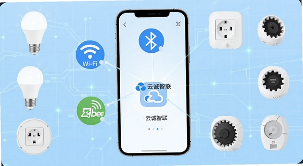 云诚智联多协议设备统一接入示意图,画面展示手机屏幕中同时显示Wi-Fi、蓝牙、Zigbee三种协议图标汇聚到云诚智联应用界面,周围环绕着智能灯泡、插座、传感器等设备,背景为浅蓝色科技感网格,画面中心有云诚智联字样,风格简洁扁平化,适合Boogu模型生成