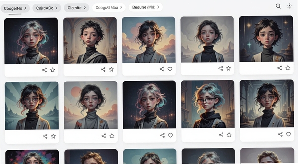 梦幻AI绘画 作品集管理界面,网格状排列着多张风格多样的AI画作,顶部有分类筛选标签,每张作品右下角带有分享与收藏图标,界面采用卡片式设计,浅色背景,整体干净整洁