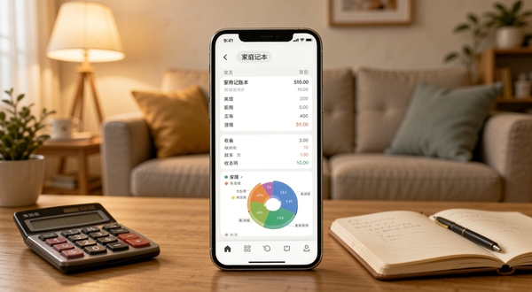一款名为家用记账本的手机应用界面展示,画面中央是一部竖屏智能手机,屏幕上显示着清晰的收支明细列表和彩色分类饼图,背景区域是温馨的家庭客厅场景,柔和暖色调灯光,桌面摆放着计算器和笔记本,整体风格简洁现代,突出家庭理财的温馨氛围