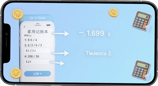 家用记账本应用的操作引导界面截图,画面显示手机屏幕上带有箭头指示的记账步骤,背景区域是柔和的渐变蓝色,点缀着金币和计算器图标,整体风格清晰直观,适合新手教程配图