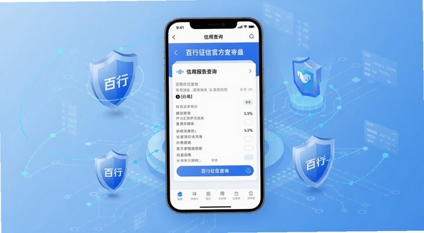 百行征信官方APP主界面全貌展示,画面中央为手机屏幕显示信用报告查询页面,背景区域为浅蓝色渐变金融科技风格,周围环绕盾牌与数据线条元素,整体色调专业稳重,适配Boogu模型生成