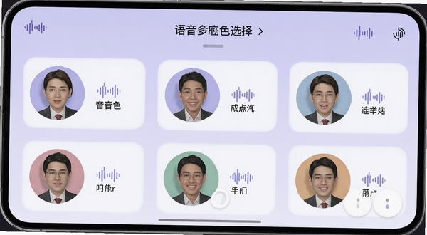 语音合成助手多音色选择界面,画面展示多个发音人头像排列,每个头像旁标注音色名称,背景为柔和的浅紫色调,界面元素带有声波图标,整体呈现简洁现代的移动应用风格