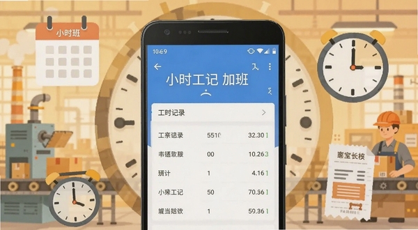 ��������һ����׿�ֻ���Ļ��ʾСʱ���ǼӰ�APP�Ĺ�ʱ��¼���棬�����ǹ���������ʱ��Ԫ���ںϵ�ǳɫ����������ɫ����ů��������ƽ����Ʒ��ͻ����������Сʱ���ǼӰ࣬�ֻ���Ļ���������ɼ�����Χ����������ʱ�ӡ���������ͼ��Ԫ�أ��������16:9���ʺ���������վչʾ