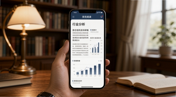 昆仑信托资讯研报阅读界面,手机屏幕显示行业分析文章与数据图表,背景为书房环境,柔和光线,知识氛围浓厚,Boogu模型生成