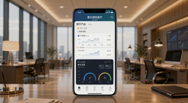 昆仑信托官方APP主界面展示,画面中央为手机屏幕内显示信托产品列表与资产总览仪表盘,背景为现代化金融办公场景,暖色调灯光,简洁商务风格,高清细节,适配Boogu模型生成