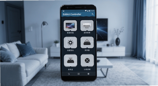 画面中心展示一部安卓手机,手机屏幕显示 Eddict Controller 应用主界面,界面中有电视、空调、机顶盒等设备图标排列整齐,背景为现代简约客厅环境,沙发与电视柜位于画面后方,整体色调为冷蓝色与白色搭配,光线柔和,突出科技感与家居融合,画面比例为16:9,高清写实风格
