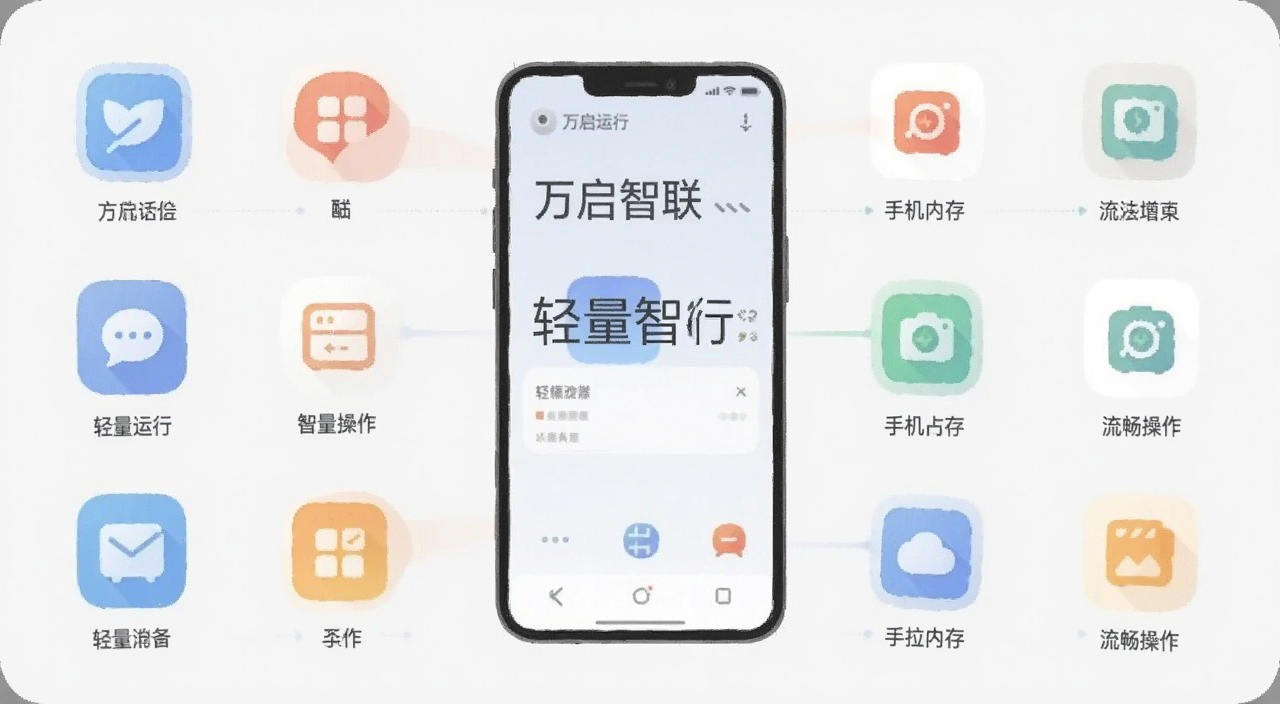 万启智联 轻量运行 手机内存占用低 流畅操作 简约图标 浅色背景 扁平化风格