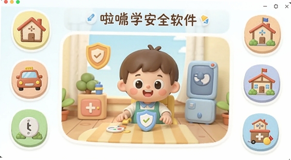 ��ѧ��ȫ����������ȫ��չʾ����������Ϊ��ͨ���Ķ�ͯ��ȫ���ⳡ�������ܻ��ƾӼҡ���ͨ��У԰�Ȱ�ȫͼ�꣬����ɫ��������ͣ�����Booguģ������
