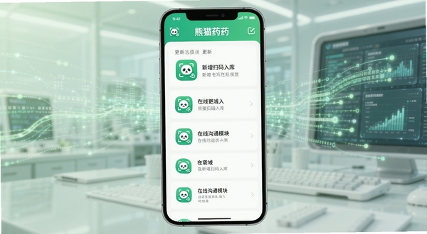熊猫药药版本更新功能展示图,画面中央为手机屏幕显示更新日志列表,包含新增扫码入库和在线沟通模块的图标示意,背景为淡绿色数据流动线条,体现软件持续迭代优化的专业形象