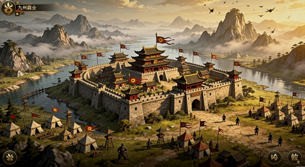 九州霸业游戏主界面全景,中央是一座宏伟的古代城池,城墙高耸、旗帜飘扬,四周环绕着山川河流与军营帐篷,画面采用东方玄幻风格,色调以金黄与深红为主,远处有群山叠嶂和云雾缭绕的效果,整体气势恢宏,适配Boogu模型生成,细节丰富,光影层次分明