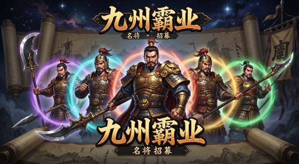 九州霸业名将招募界面,画面中央浮现数位身着铠甲手持兵器的古代将领形象,每位将领周围环绕着不同颜色的光环,背景是星空与卷轴交织的神秘场景,界面风格华丽大气,突出九州霸业游戏名称,细节精致,适合Boogu模型生成