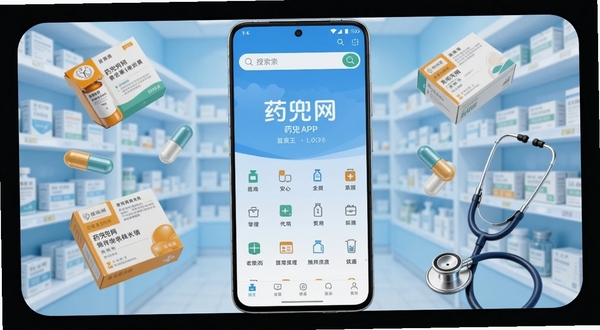 画面主体为一部竖屏安卓手机,屏幕中央清晰展示药兜网APP首页界面,上方有搜索栏和分类图标,背景区域为浅蓝色渐变药房货架虚化场景,手机四周悬浮着药盒、胶囊、听诊器等医疗元素,整体风格干净明亮,突出药兜网品牌标识,适配Boogu模型生成。