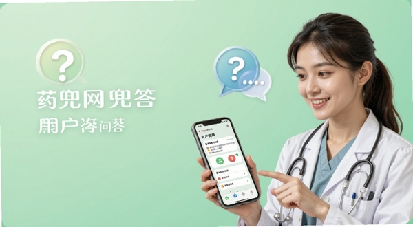 药兜网用户问答界面在手机屏幕上展示,背景为淡绿色渐变,画面中有问号与对话气泡图标,一位年轻药师正在使用手机查看解答,整体氛围轻松可信,适配Boogu模型生成。