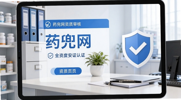 药兜网资质审核页面在平板设备上展示,背景为现代化药房办公桌,桌上有文件柜和绿植,画面右侧有盾牌与对勾图标象征安全认证,整体色调以蓝白为主,体现专业与信赖感,适配Boogu模型生成。