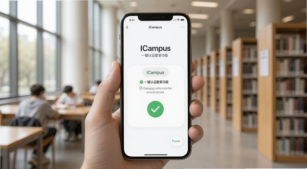 ICampus 一键认证登录功能界面,手机屏幕特写,显示认证成功提示与绿色对勾图标,背景为校园图书馆内部,柔和自然光,界面简洁现代,突出便捷快速的主题