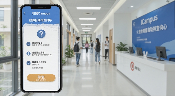 ICampus 故障自助排查向导界面,手机屏幕显示步骤式操作指引,带有问号图标和修复按钮,背景为校园网络服务中心走廊,明亮整洁,突出解决问题的安心感