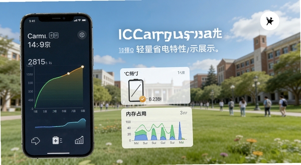 ICampus 轻量省电特性展示,手机屏幕显示电池续航曲线与内存占用数据,背景为大学校园草坪与蓝天,清新自然风格,传达轻松无负担的使用体验