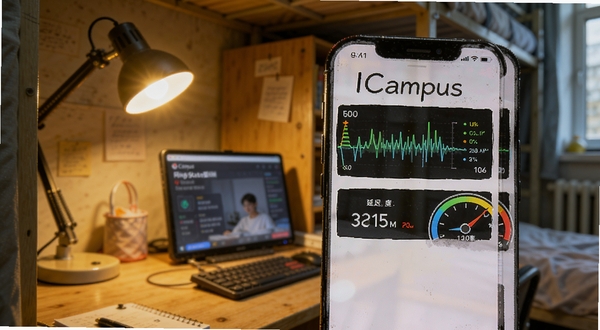 ICampus 网络状态监测面板,手机屏幕显示信号强度波形图、延迟数值和速率仪表盘,背景为大学宿舍书桌场景,暖色台灯照明,科技感与生活感结合,画面清晰