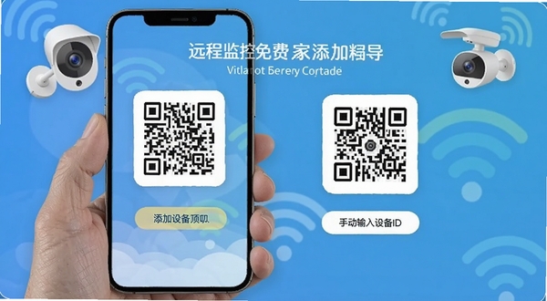 远程监控免费看家精灵添加设备引导页面,手机屏幕显示扫描二维码和手动输入设备ID两种方式,背景有摄像头图标和WiFi信号标识,界面友好简洁,适合中老年用户操作