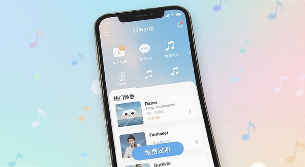 铃声精选免费软件主界面展示,手机屏幕中央显示铃声分类导航和热门铃声列表,背景为柔和的渐变色调,画面明亮清新,突出免费下载和试听按钮