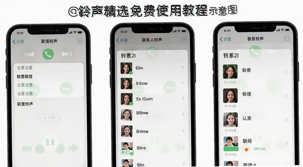 铃声精选免费使用教程示意图,手机屏幕显示设置联系人铃声的操作步骤,包含设置菜单和铃声选择列表,背景为白色简洁风格