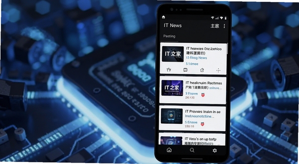 IT之家 安卓版主界面 显示科技新闻信息流 顶部导航栏 底部菜单 深色模式 手机屏幕 高清UI展示 数码感背景