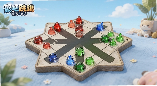 聚吧跳棋 游戏主界面全景展示图,画面中央为六角星形跳棋棋盘,棋盘上散布红蓝绿三色玻璃质感棋子,背景为柔和渐变的天蓝色休闲场景,左上角显示聚吧跳棋 官方Logo,整体色调明亮清新,适配Boogu模型生成