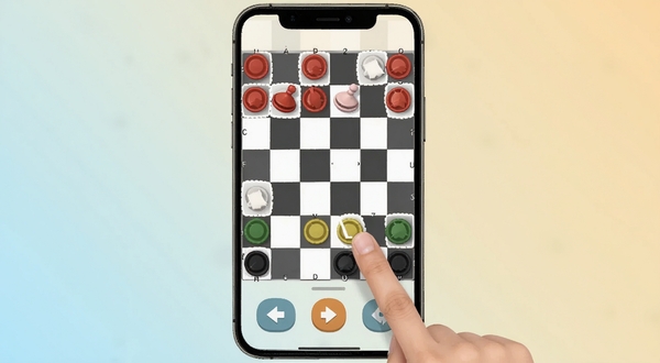 聚吧跳棋 移动端操作界面截图,画面显示手机竖屏状态下跳棋棋盘与底部操作按钮,手指正在点击棋子,界面简洁直观,背景为浅色渐变,适配Boogu模型生成